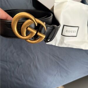 Gucci Black Leather Belt with Gold Accents
